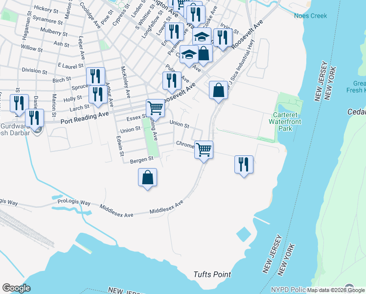 map of restaurants, bars, coffee shops, grocery stores, and more near 50 Chrome Avenue in Carteret