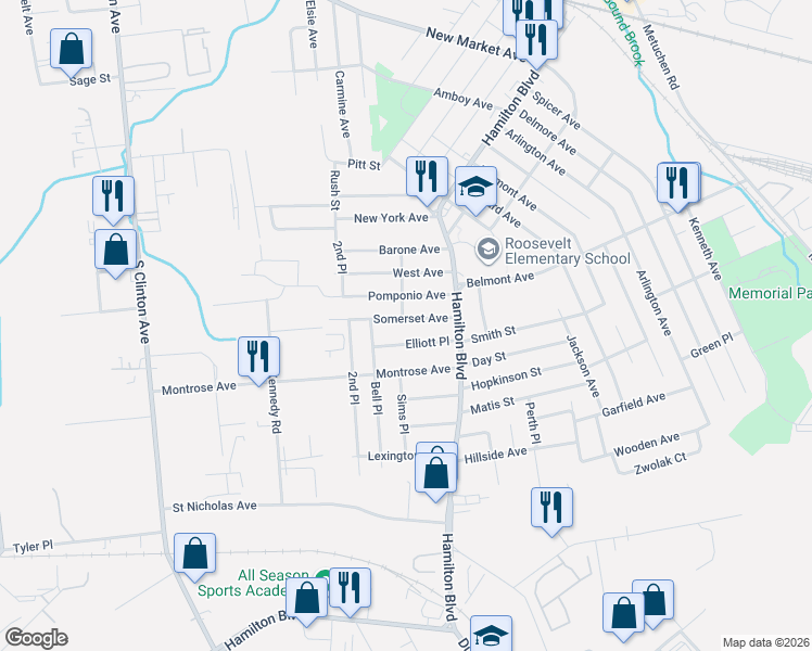 map of restaurants, bars, coffee shops, grocery stores, and more near 1609 Peek Street in South Plainfield