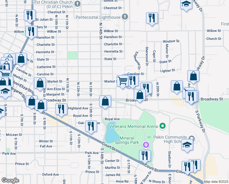 map of restaurants, bars, coffee shops, grocery stores, and more near 1411 Ann Eliza Street in Pekin