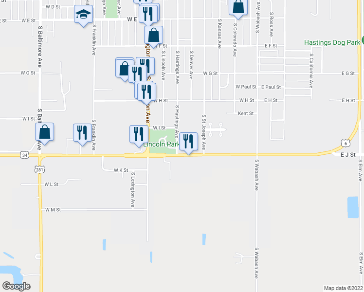 map of restaurants, bars, coffee shops, grocery stores, and more near 1145 South Hastings Avenue in Hastings
