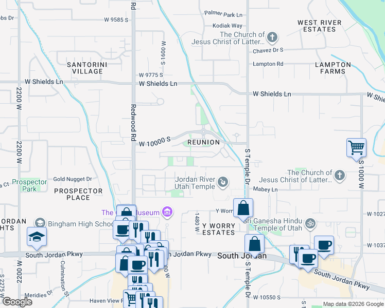 map of restaurants, bars, coffee shops, grocery stores, and more near 1525 Honey Crisp Way in South Jordan