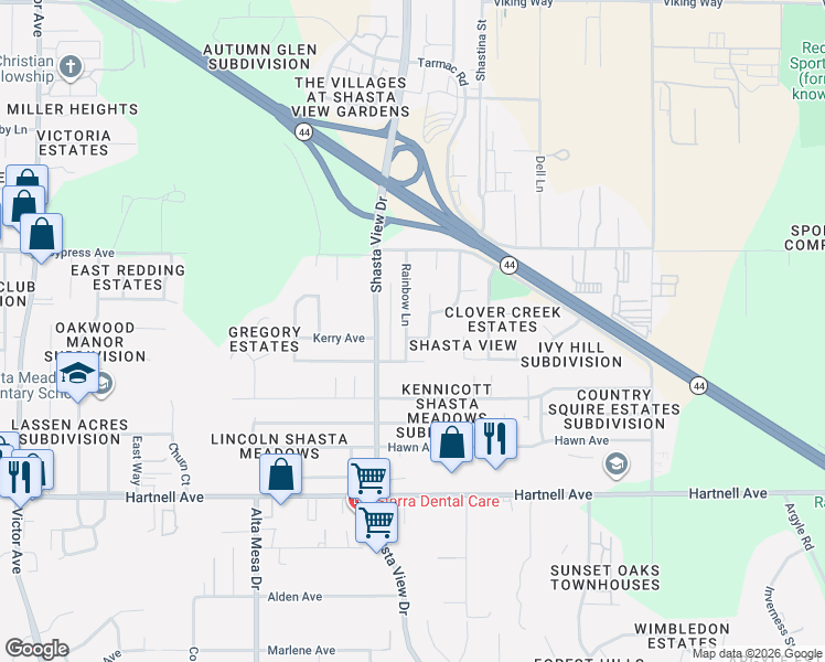 map of restaurants, bars, coffee shops, grocery stores, and more near 2622 Avola Street in Redding