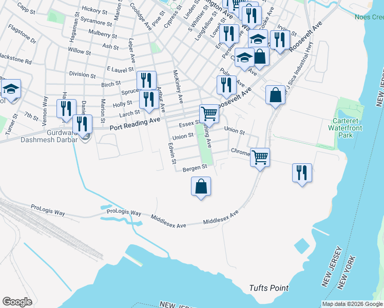 map of restaurants, bars, coffee shops, grocery stores, and more near 19 Warren Street in Carteret