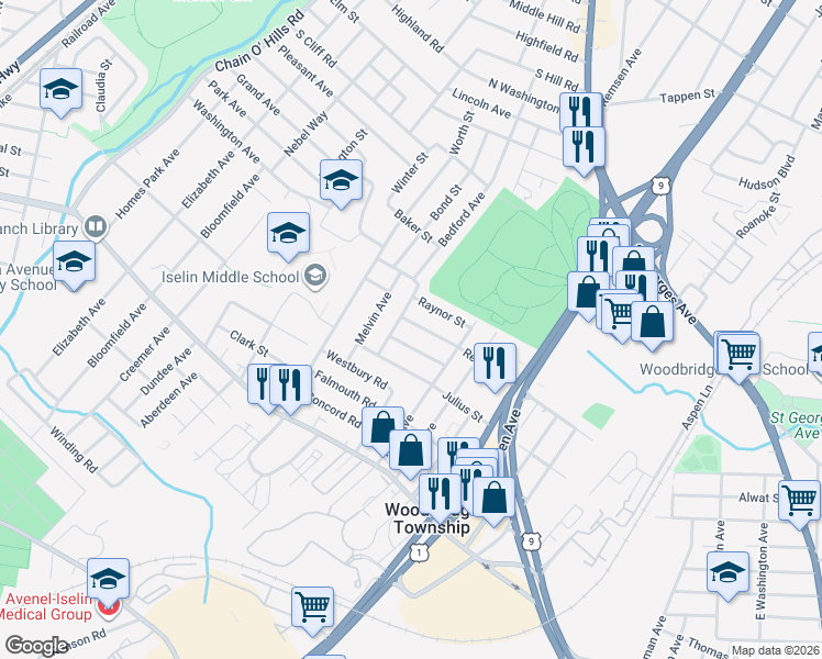 map of restaurants, bars, coffee shops, grocery stores, and more near 218 Regina Street in Woodbridge Township