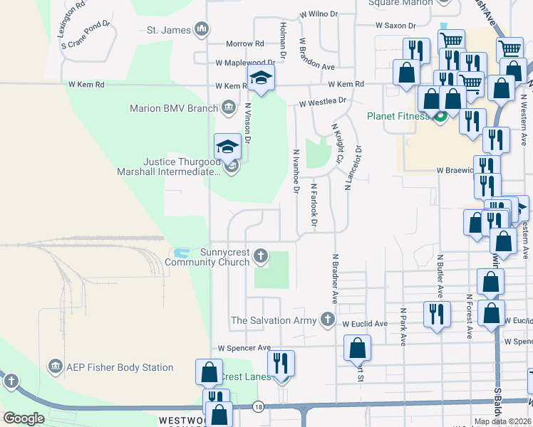 map of restaurants, bars, coffee shops, grocery stores, and more near 701 North Norton Avenue in Marion