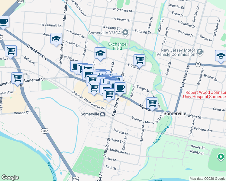 map of restaurants, bars, coffee shops, grocery stores, and more near 50 West Main Street in Somerville