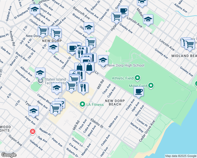 map of restaurants, bars, coffee shops, grocery stores, and more near 470 New Dorp Lane in Staten Island