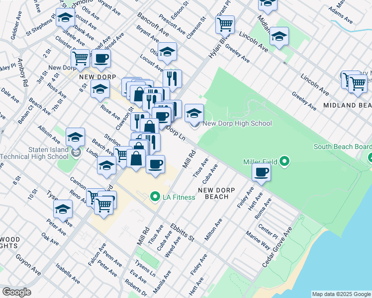 map of restaurants, bars, coffee shops, grocery stores, and more near 470 New Dorp Lane in Staten Island