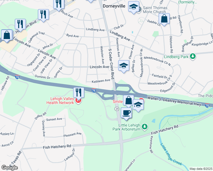 map of restaurants, bars, coffee shops, grocery stores, and more near 1166 South Cedar Crest Boulevard in Allentown