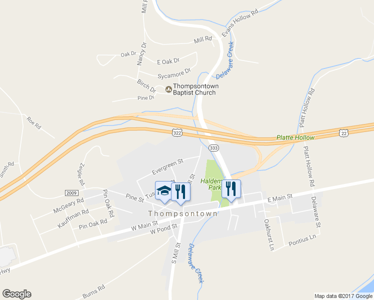 map of restaurants, bars, coffee shops, grocery stores, and more near 257 Evergreen Street in Thompsontown