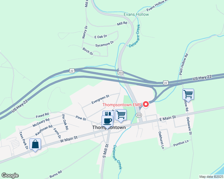 map of restaurants, bars, coffee shops, grocery stores, and more near 257 Evergreen Street in Thompsontown