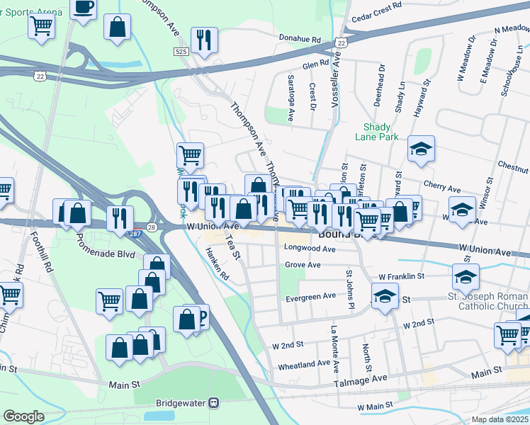 map of restaurants, bars, coffee shops, grocery stores, and more near 401-551 Thompson Avenue in Bound Brook
