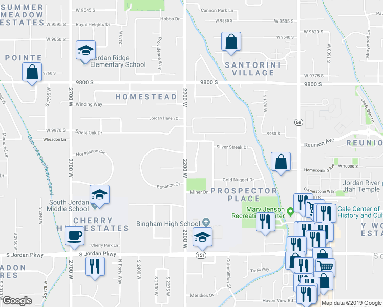 map of restaurants, bars, coffee shops, grocery stores, and more near 10046 Copper King Lane in South Jordan