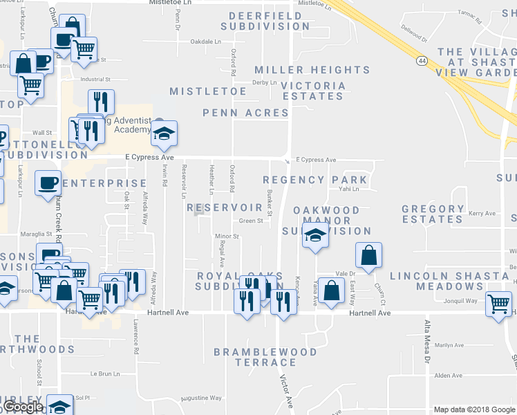 map of restaurants, bars, coffee shops, grocery stores, and more near 2628 Bunker Street in Redding