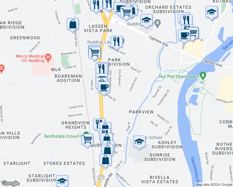 map of restaurants, bars, coffee shops, grocery stores, and more near 2923 Favretto Avenue in Redding