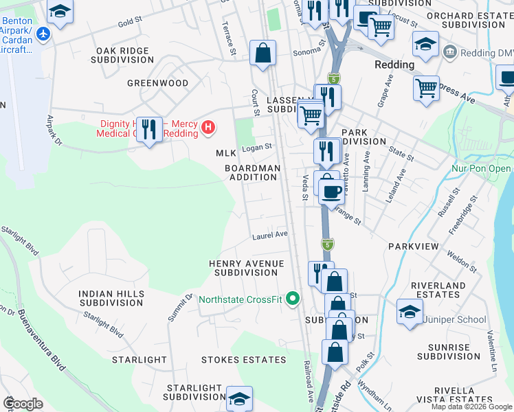map of restaurants, bars, coffee shops, grocery stores, and more near 1848 Roanoke Avenue in Redding