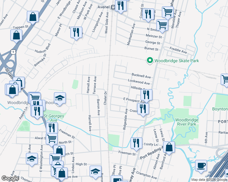 map of restaurants, bars, coffee shops, grocery stores, and more near 5 Ridgedale Place in Woodbridge Township