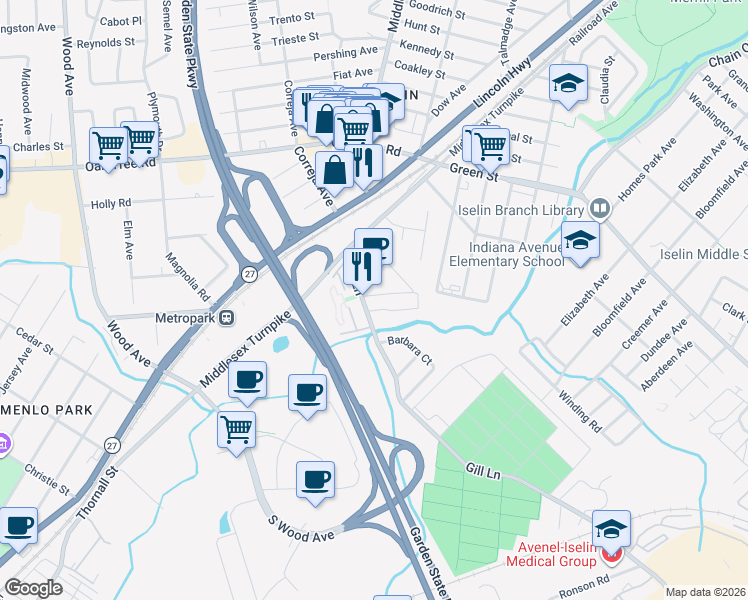 map of restaurants, bars, coffee shops, grocery stores, and more near 37 Gill Lane in Woodbridge Township