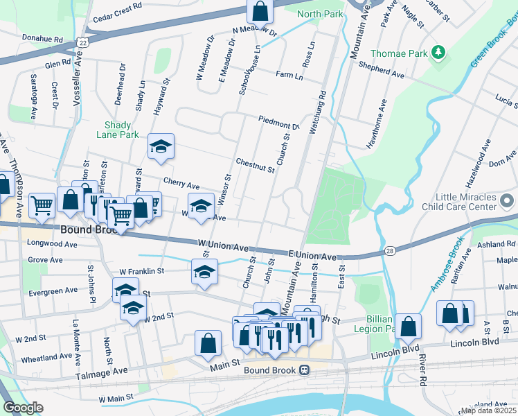 map of restaurants, bars, coffee shops, grocery stores, and more near 532 Central Avenue in Bound Brook