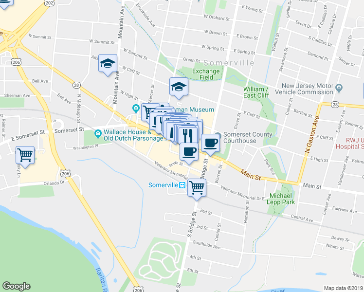 map of restaurants, bars, coffee shops, grocery stores, and more near 87 West Main Street in Somerville