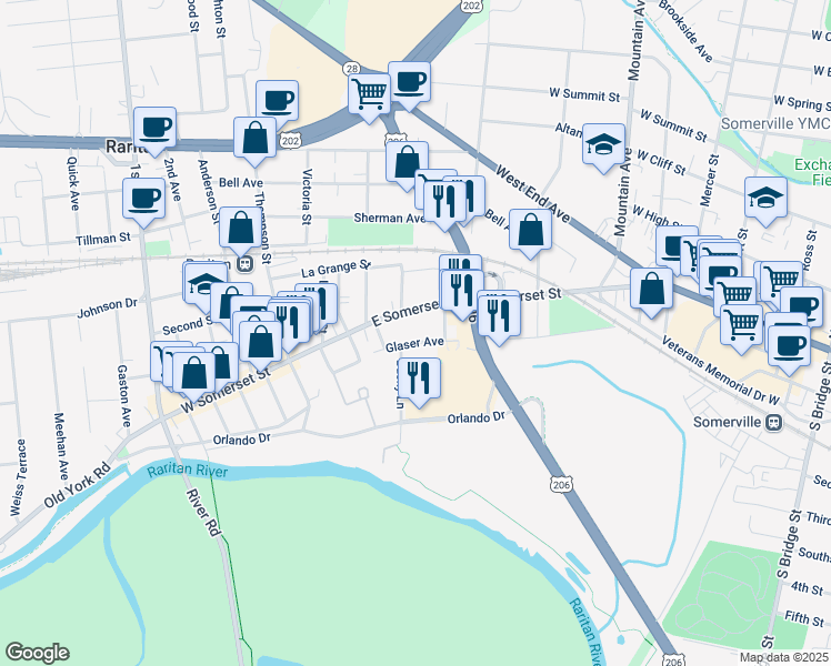 map of restaurants, bars, coffee shops, grocery stores, and more near 64 East Somerset Street in Raritan