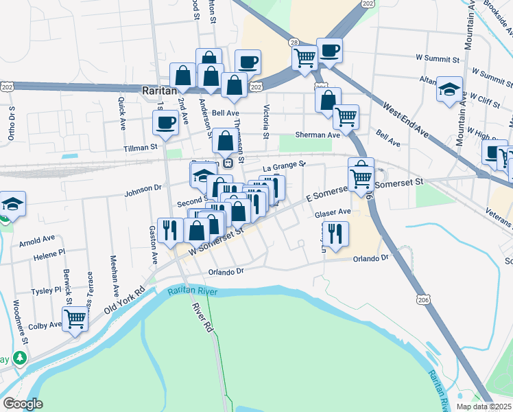 map of restaurants, bars, coffee shops, grocery stores, and more near in Raritan