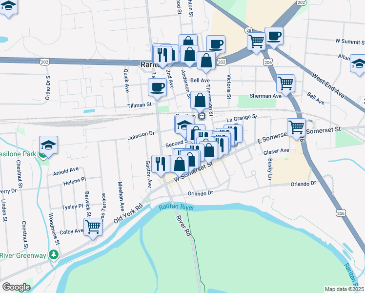 map of restaurants, bars, coffee shops, grocery stores, and more near 26 2nd Avenue in Raritan