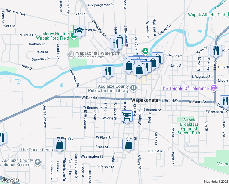 map of restaurants, bars, coffee shops, grocery stores, and more near 303 West Mechanic Street in Wapakoneta