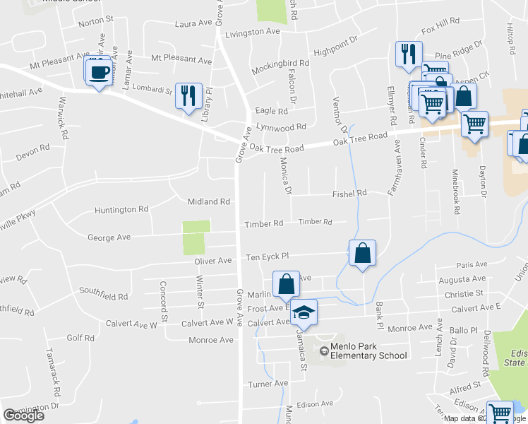 map of restaurants, bars, coffee shops, grocery stores, and more near 5 Whitewood Road in Edison