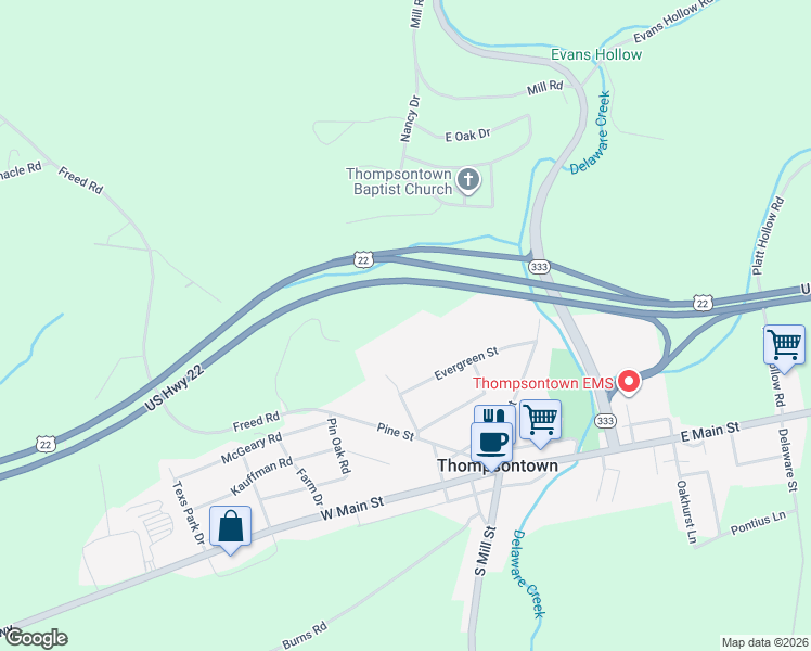 map of restaurants, bars, coffee shops, grocery stores, and more near 213 Zeigler Road in Thompsontown