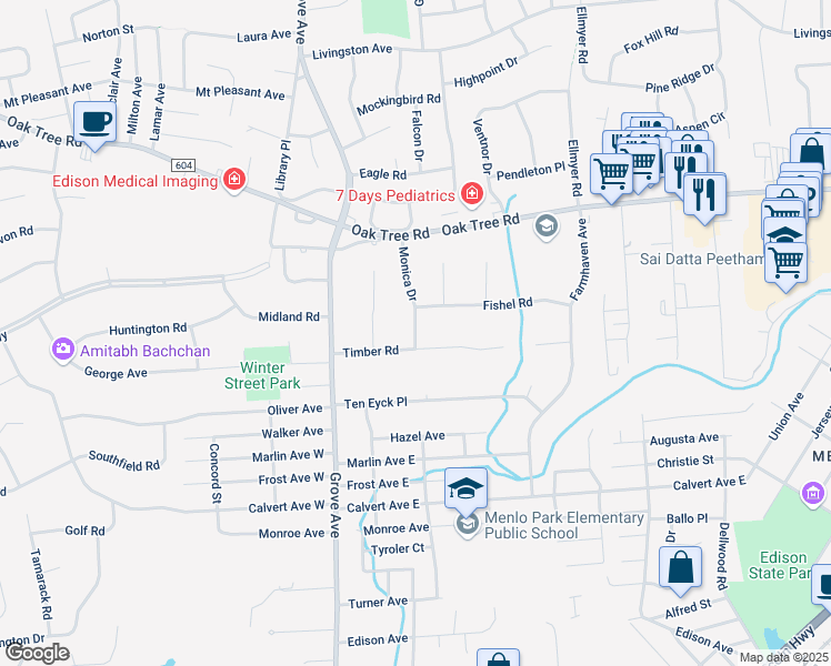 map of restaurants, bars, coffee shops, grocery stores, and more near 3 Monica Drive in Edison