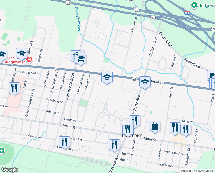 map of restaurants, bars, coffee shops, grocery stores, and more near 400 Union Avenue in Bridgewater
