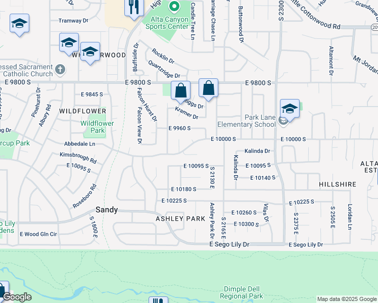 map of restaurants, bars, coffee shops, grocery stores, and more near 2067 Gyrfalcon Lane in Sandy