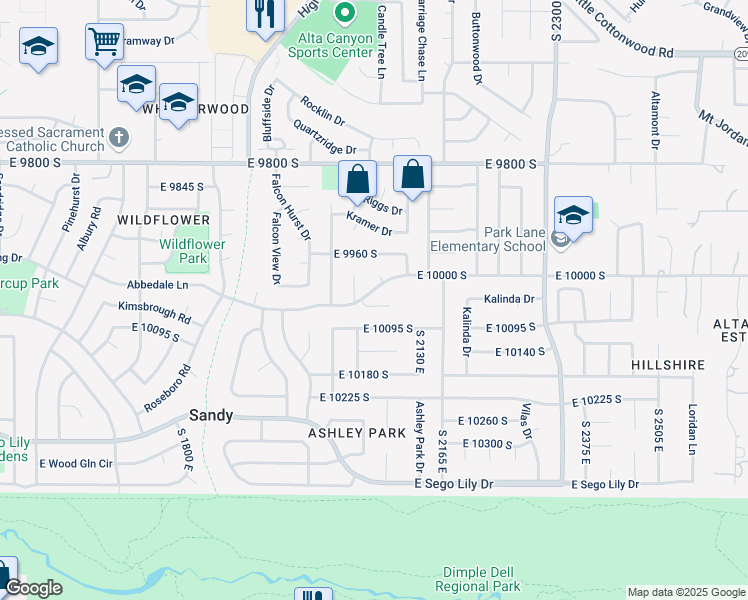 map of restaurants, bars, coffee shops, grocery stores, and more near 2067 Gyrfalcon Lane in Sandy