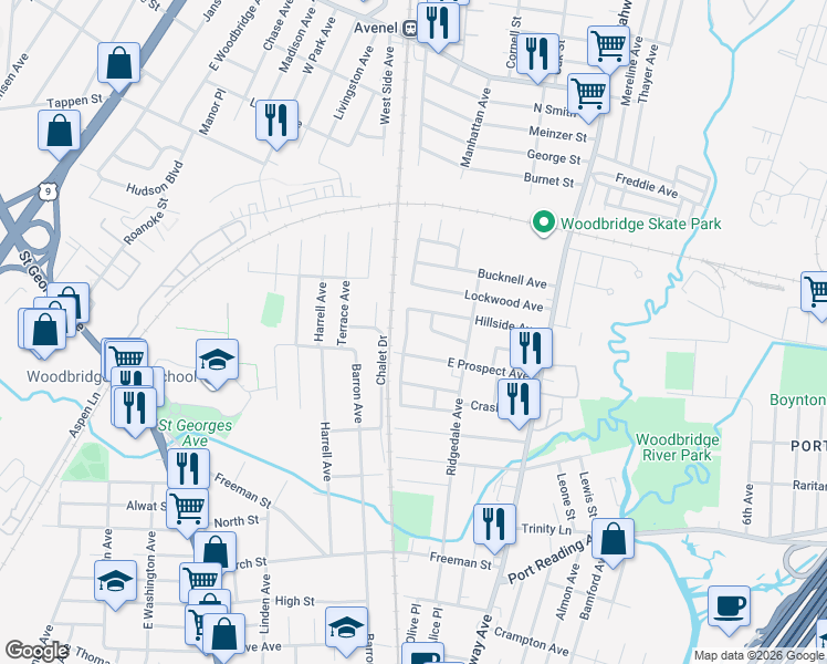map of restaurants, bars, coffee shops, grocery stores, and more near 5 Ridgedale Place in Woodbridge Township