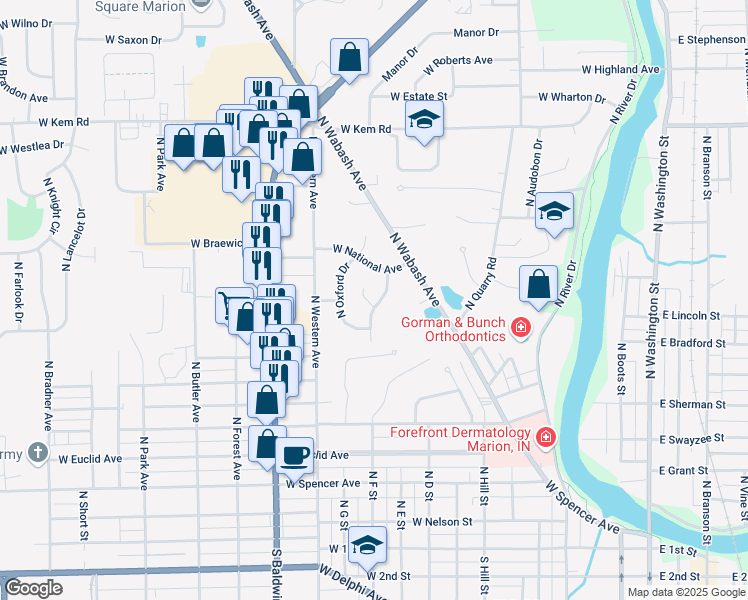 map of restaurants, bars, coffee shops, grocery stores, and more near 907-913 N Fenton Rd in Marion
