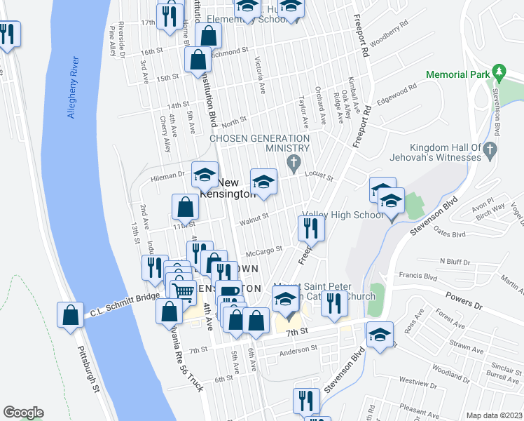 map of restaurants, bars, coffee shops, grocery stores, and more near 1103 Leishman Avenue in New Kensington