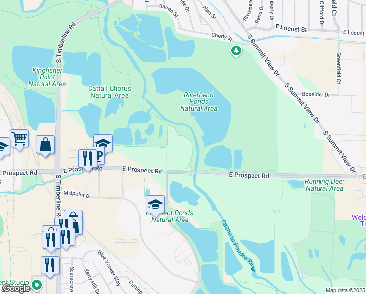 map of restaurants, bars, coffee shops, grocery stores, and more near 2620 East Prospect Road in Fort Collins