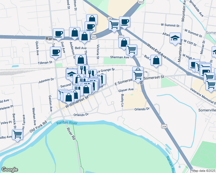 map of restaurants, bars, coffee shops, grocery stores, and more near 5 Codington Street in Raritan