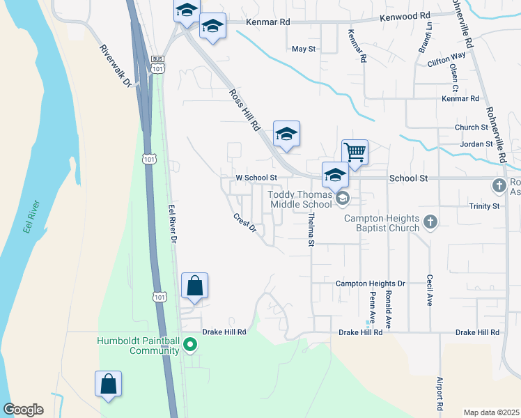 map of restaurants, bars, coffee shops, grocery stores, and more near 136 Castle Court in Fortuna