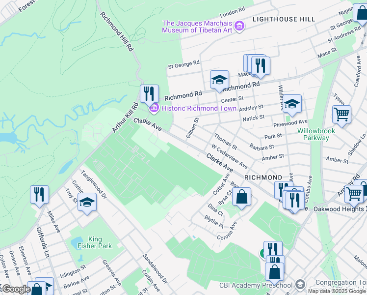 map of restaurants, bars, coffee shops, grocery stores, and more near 368 Clarke Avenue in Staten Island