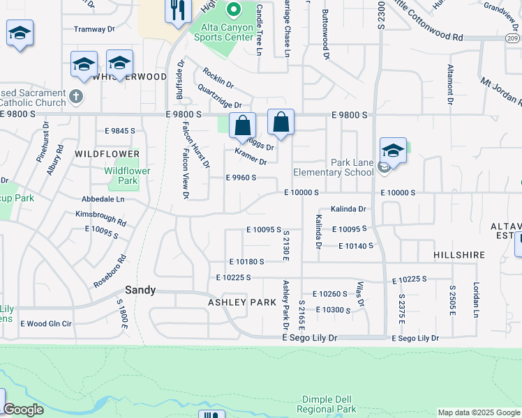 map of restaurants, bars, coffee shops, grocery stores, and more near 2083 Gyrfalcon Lane in Sandy