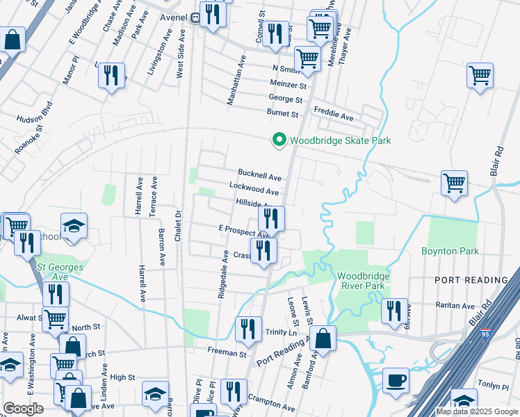 map of restaurants, bars, coffee shops, grocery stores, and more near 19 Hillside Avenue in Woodbridge Township