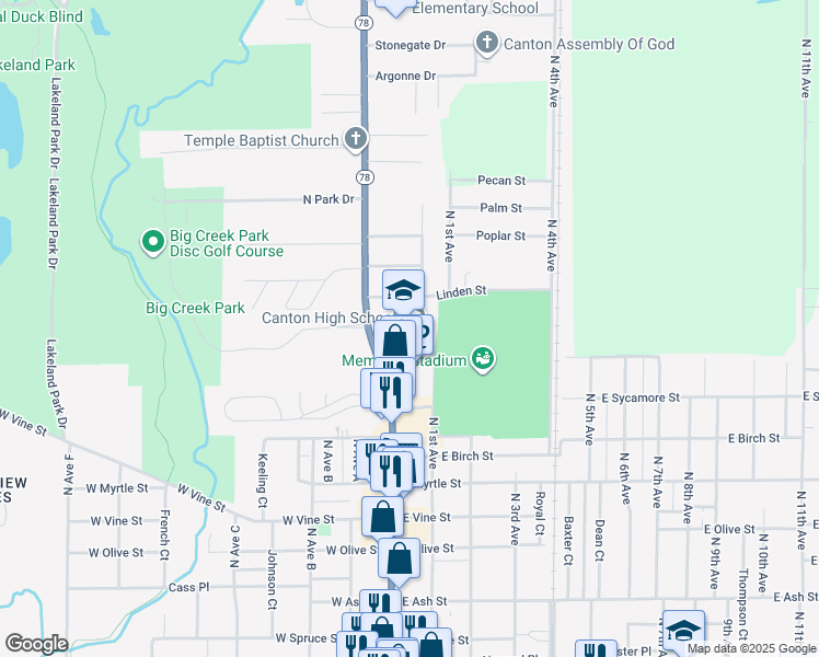 map of restaurants, bars, coffee shops, grocery stores, and more near 1001 North Main Street in Canton