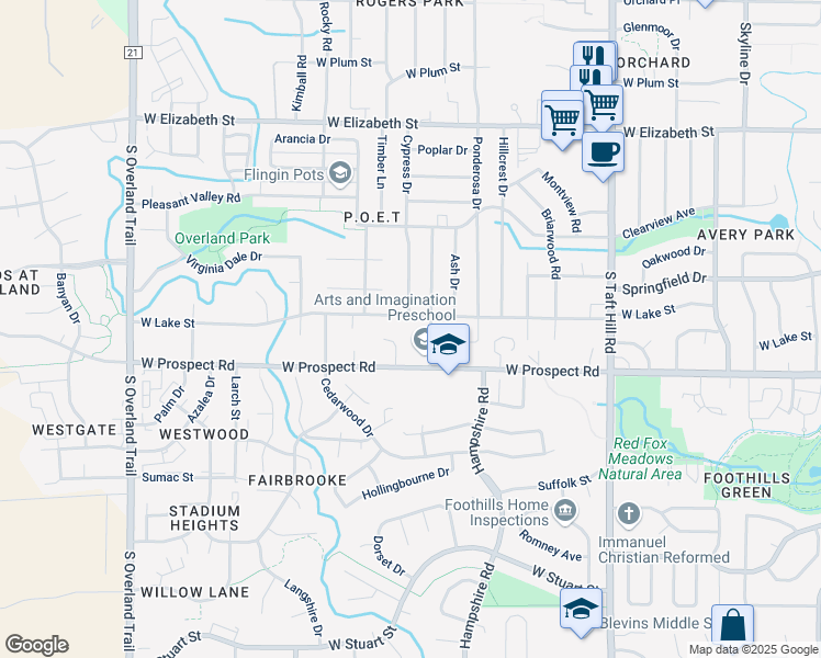 map of restaurants, bars, coffee shops, grocery stores, and more near 2425 West Lake Street in Fort Collins