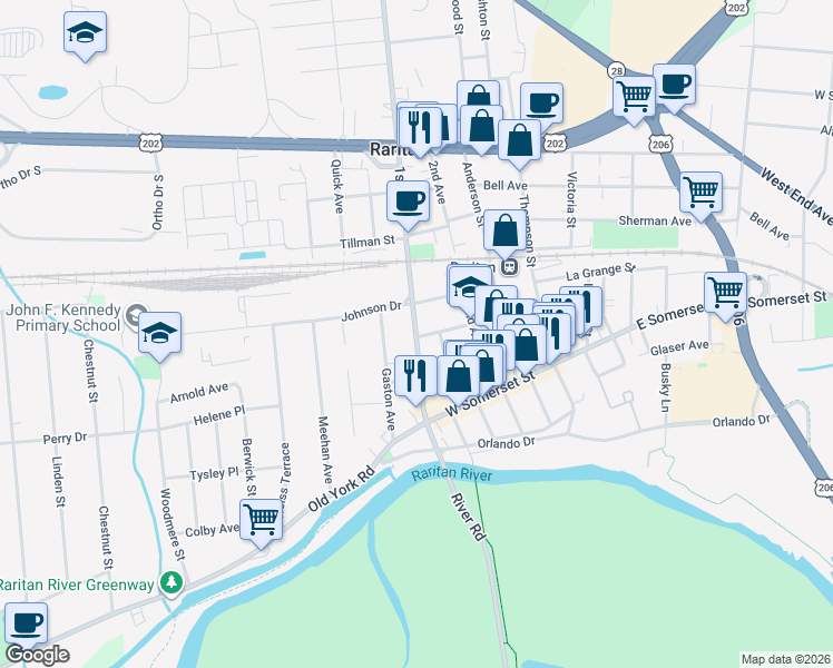 map of restaurants, bars, coffee shops, grocery stores, and more near 49 1st Avenue in Raritan