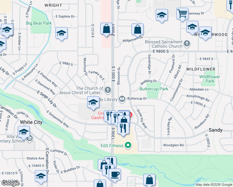 map of restaurants, bars, coffee shops, grocery stores, and more near 10032 Blossom Drive in Sandy