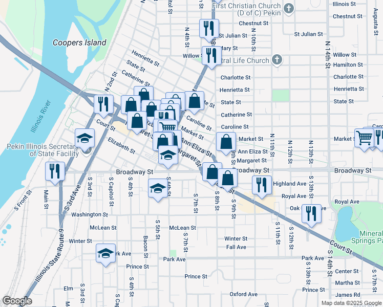 map of restaurants, bars, coffee shops, grocery stores, and more near 104 North 6th Street in Pekin
