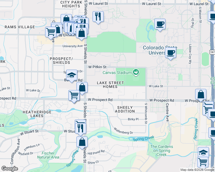 map of restaurants, bars, coffee shops, grocery stores, and more near 914 West Lake Street in Fort Collins