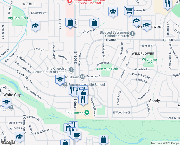 map of restaurants, bars, coffee shops, grocery stores, and more near 10043 Petunia Way in Sandy